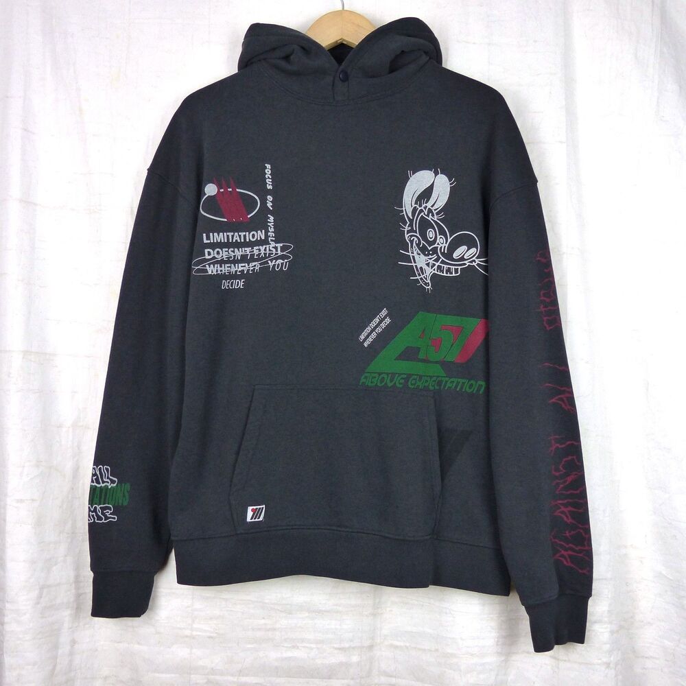 Zara Oversized Hoodie Mens L Black Graphic Print Streetwear Pullover Skate Y2K